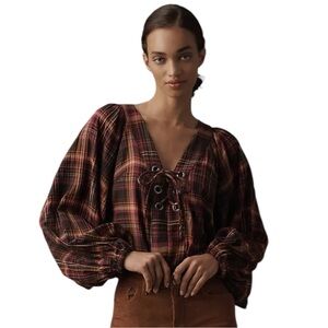 Anthropologie Plaid Lace Up Top w/Puffed Dolman Sleeves XS Like New